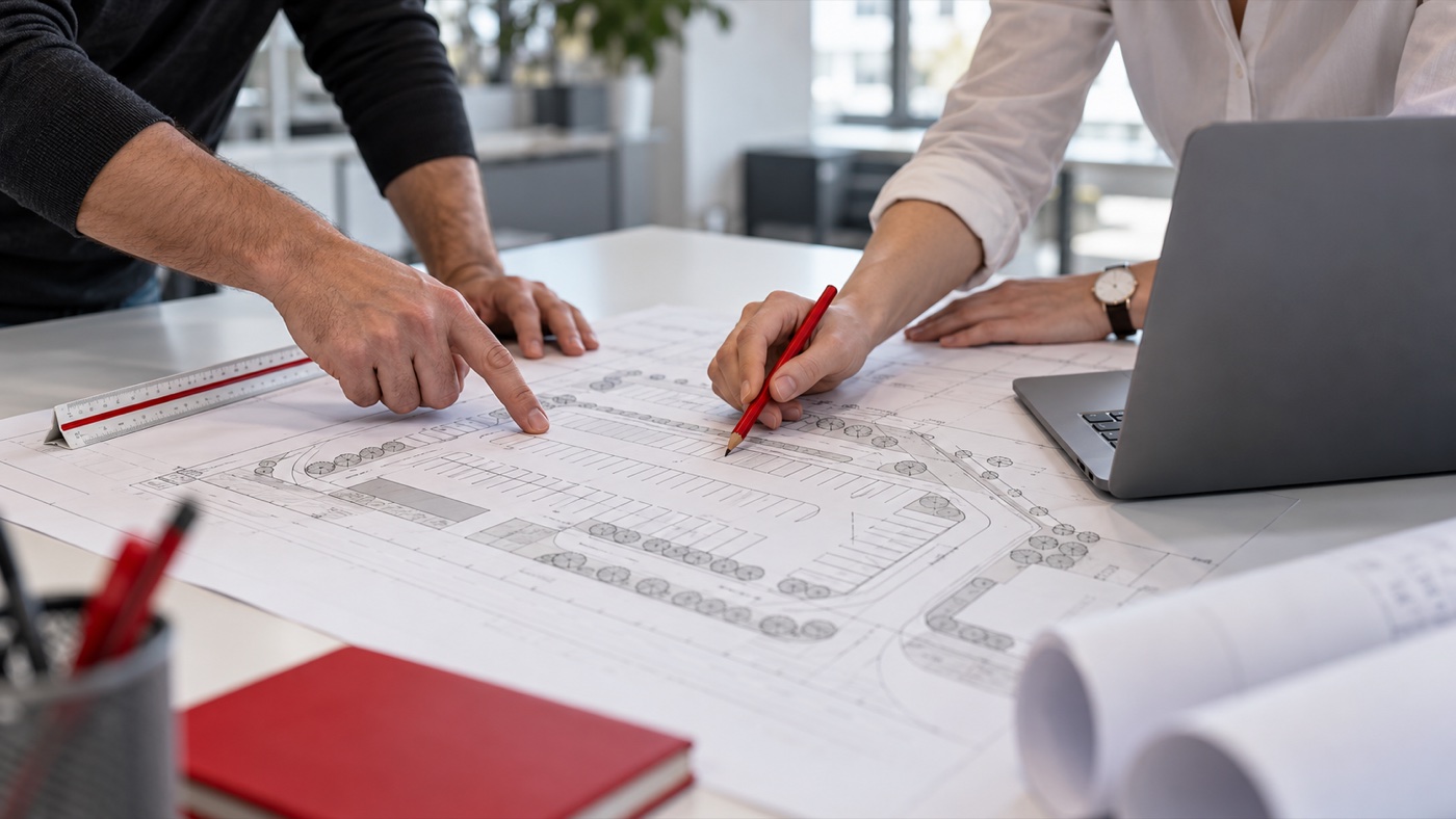 Ilustrační příprava projektu nabíjecí infrastruktury nad&nbsp;plánem parkoviště